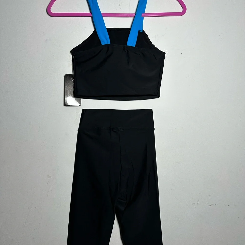 Theatricals Black Turquoise 2PC Dance Set Crop Top and Bike Shorts‎ Adult XS NWT